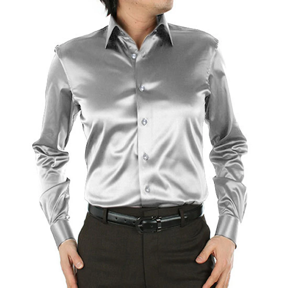 Men Stain Silk Dress Shirts Men Fashion Button Solid Color Shirt Casual Male Shirt Blouse Top Elegant