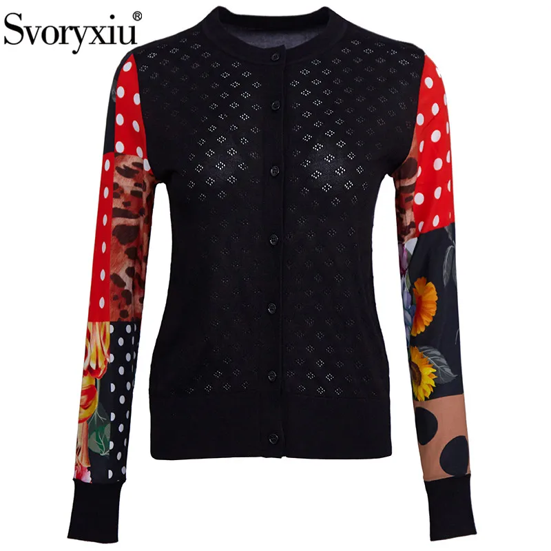 

Svoryxiu Designer Spring Summer High-End knitting Cardigan Women's Fashion Long Sleeve Flower Print Silk Thin Sweater Jackets