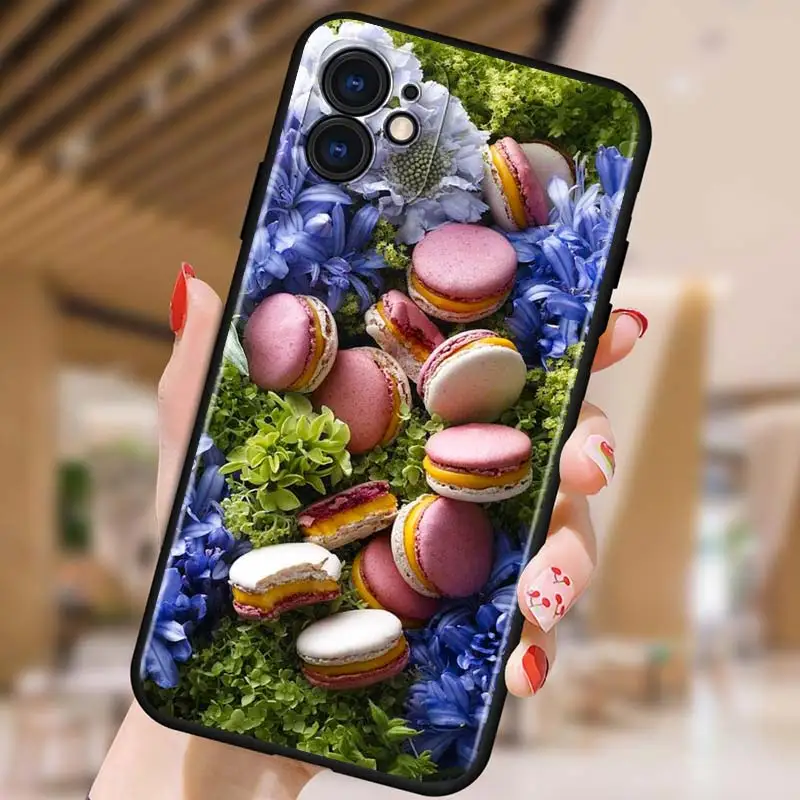 

Macarons Cake for iPhone 5 5S 6 7 8 X XR XS 11 SE 12 2020 mini Plus Pro MAX TPU Black Soft Cover