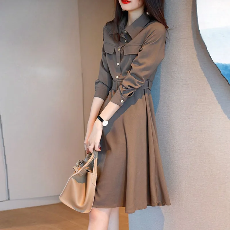

2021Spring Blouse Dress Women French Style Elegant Long-Sleeved Skirt Office Lady Button Belt Slim Casual Middle Length Clothing