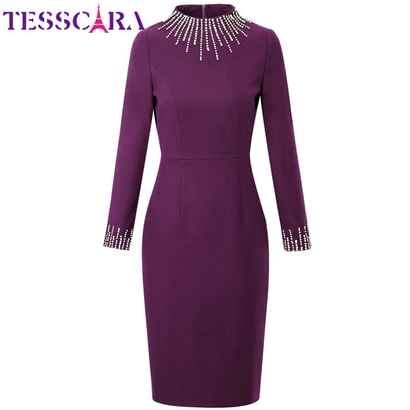 TESSCARA Women Autumn Luxury Beading Dress Festa Female Office Cocktail Party Robe High Quality Vintage Designer Pencil Vestidos
