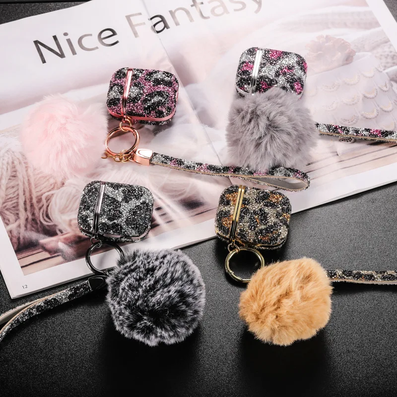 

Electroplated Bling Glitter Diamond Leopard Case With Fur Ball Strap For Apple Airpods Pro 2 1 Wireless Bluetooth Earphone Cover