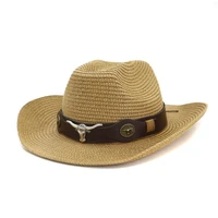 men hat cowboy western straw panama hats belt cow decorate wide brimmed cap for summer khaki male female caps 2021 new arrival
