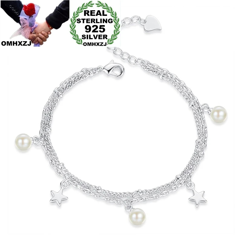

OMHXZJ Wholesale European Fashion Woman Girl Party Birthday Wedding Gift Star Pearl Pendant S925 Sterling Silver Bracelet SZ135