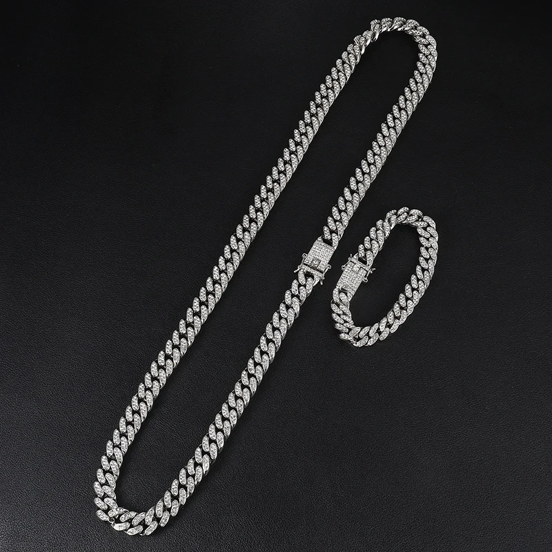 1Set Full Iced Out Paved Rhinestones 13MM Gold Silver Miami Curb Cuban Chain CZ Bling Rapper Necklaces For Men Hip Hop Jewelry