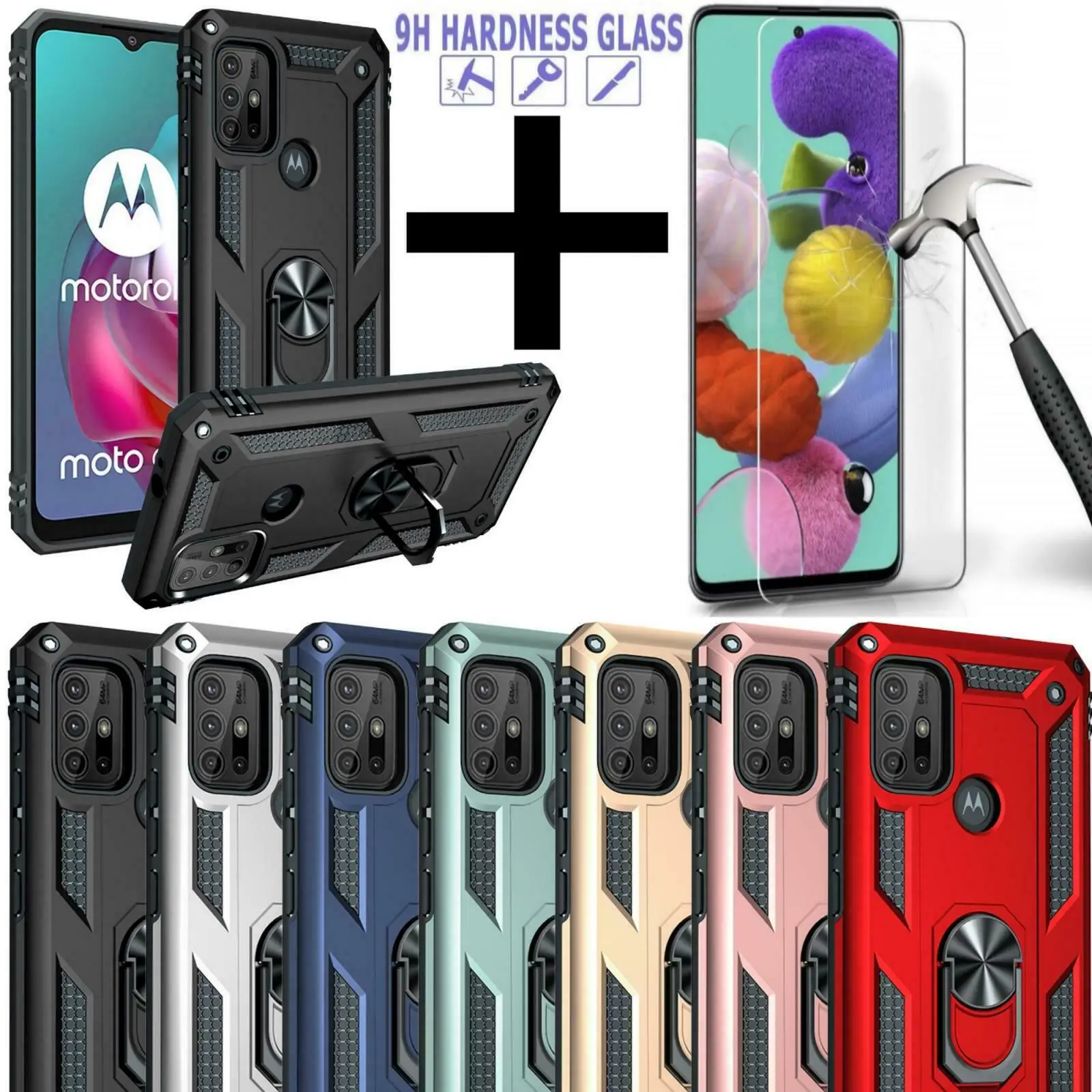 

Чехол для Motorola Moto G30, противоударный чехол-кольцо + закаленное стекло
