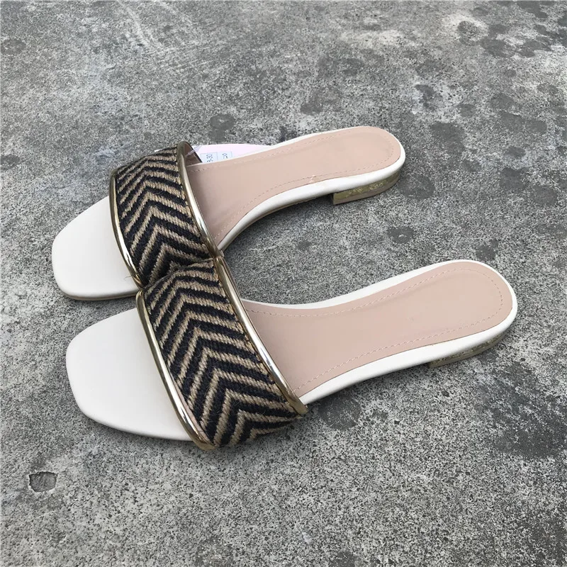 

Shoes Gingham Woman's Slippers Low Big Size Slides 2021 Soft Summer Flat Striped Rome Rubber PU Scandals Casual Leisure Shoes W