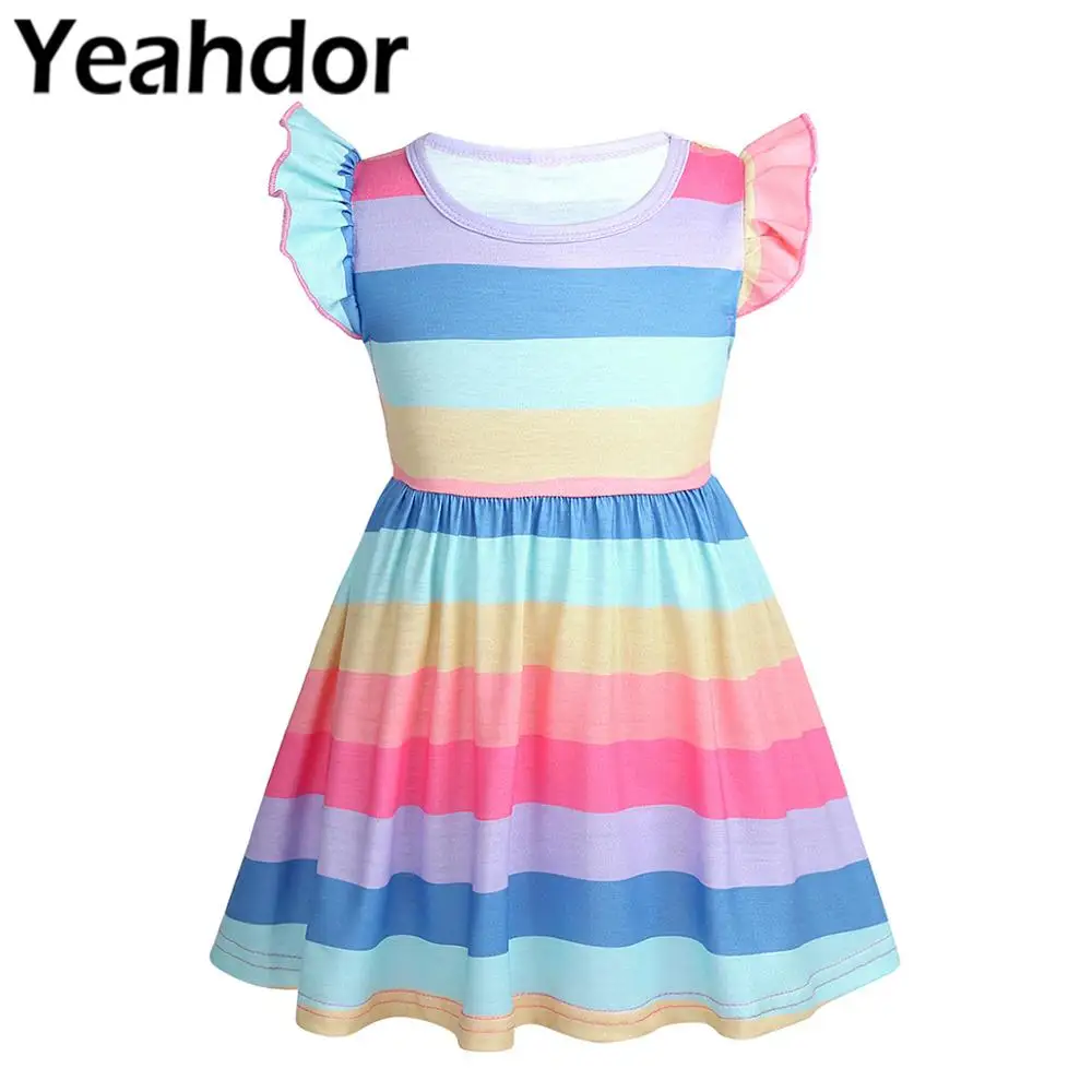 

Flower Baby Girls Summer Dress Rainbow Stripe Little Flying Sleeves Knee Length Princess Dress Infant Toddler Party Casual Dress