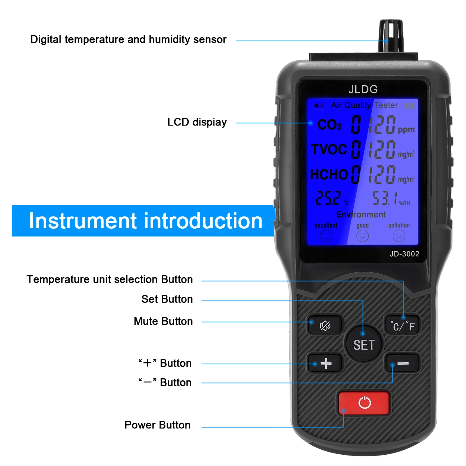 

AMYGOJJ Jd-3002 Gas Air Quality Detector with Lcd Display Digital Temperature and Humidity Sensor
