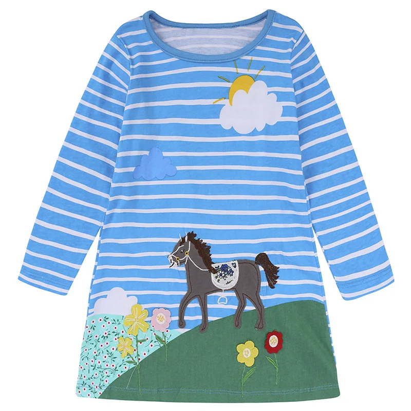 

Платья для девочек, весенне-осеннее Хлопковое платье в полоску с длинным рукавом, женское платье с вышивкой в виде мультяшных животных