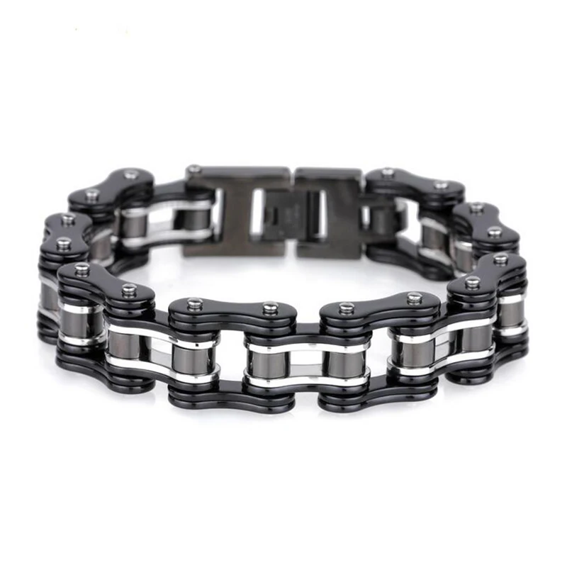 Black Silver Мотоцикл Велосипед полировки браслет байкера 316L нержавеющая сталь мужские велосипедные цепи браслет ювелирные изделия черный зеленый белый - Окраска металла: Black Silver