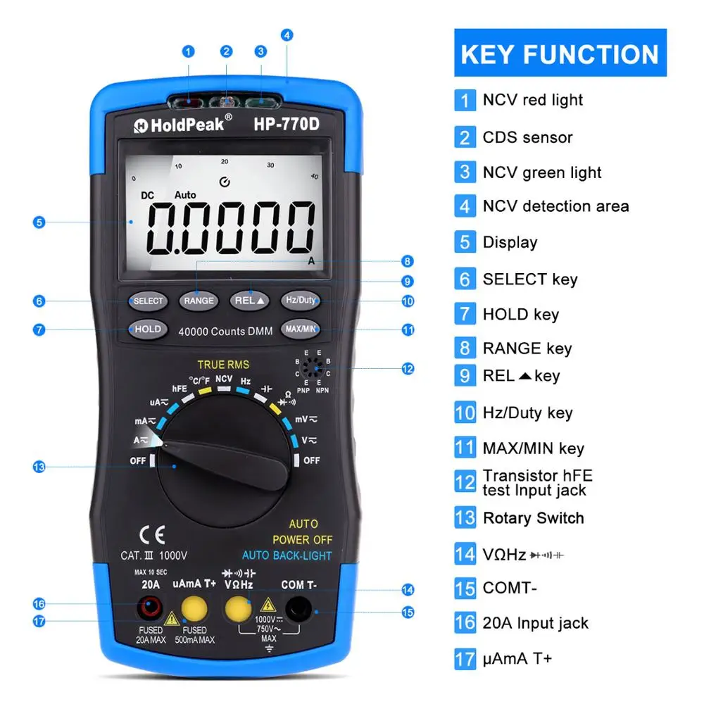 HoldPeak HP 770D True RMS цифровой мультиметр Авто Диапазон Multimetro 40000 отсчетов измерения Ом