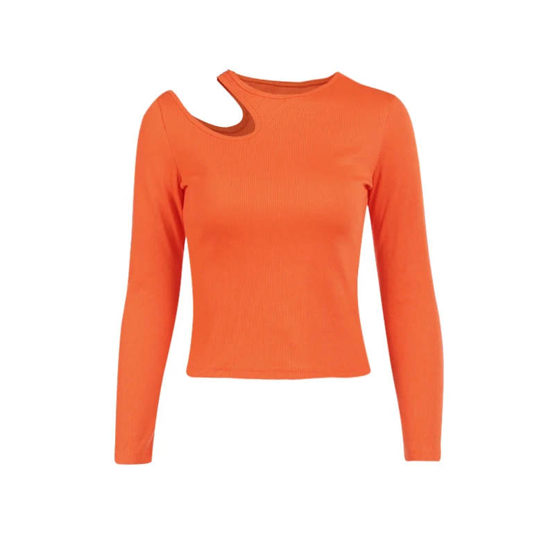 

WannaThis One Shoulder Tee Casual Shirts Women Long Sleeve Hollow Out O-Neck Sexy Tops Woman Asymmetric 2021 Ribbed Autumn Tops
