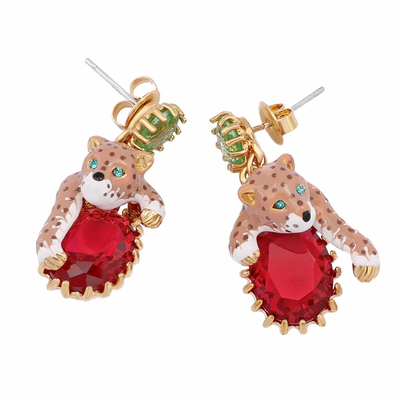 

s925 Silver Needle Little Cheetah Series European and American Style Personalized Hand-painted Enamel Earrings Stud Earrings