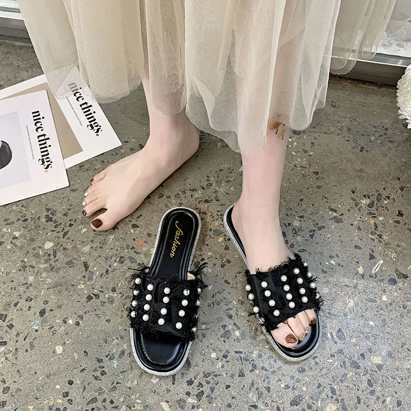 

Slippers Women Summer Shoes String Bead Pantofle Multicolored Sandals Low Slides Flat 2021 Basic Rome PU Rubber String Bead Mult
