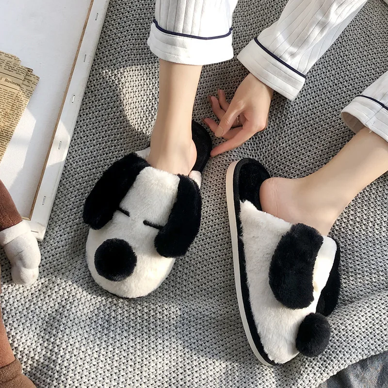 Winter House Fur Slippers Warm Cotton Shoes Cute Lovely Cartoon Dog Indoor Bedroom Women Men Ladies Lovers Couple Furry Slippers