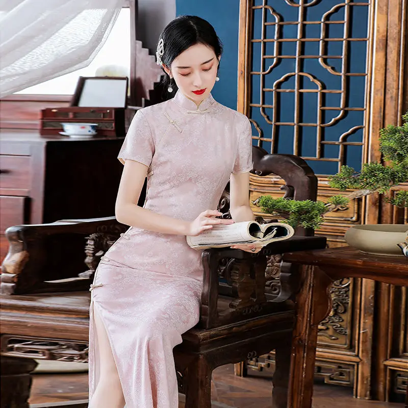 

Chinese Style Summer Improved Cheongsam Dress Girl Sweet Elegant Young Style New Pink QIpao Retro Long Oriental Party Dress