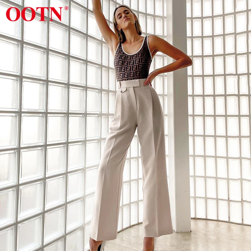 

OOTN Office Lady Button Zipper Beige Wide Leg Pants High Waist Pocket Pleated Floor-Length Women Trousers Elegant Korean Fashion