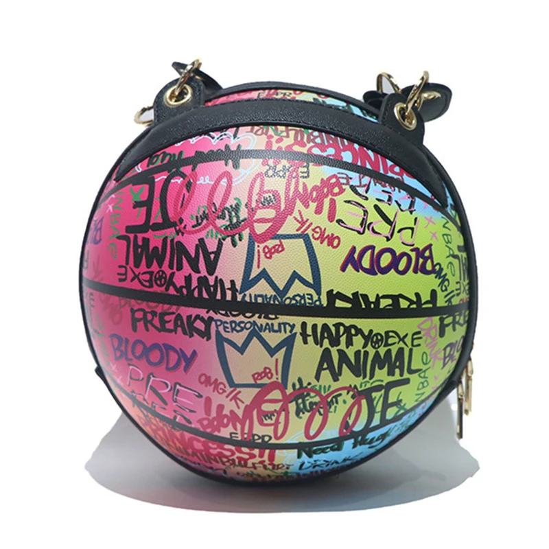 

Fashion Color Graffiti Basketball Design Women's Handbag Personality Letter Printing Chain Shoulder Crossbody Bag Lady Ball Bags