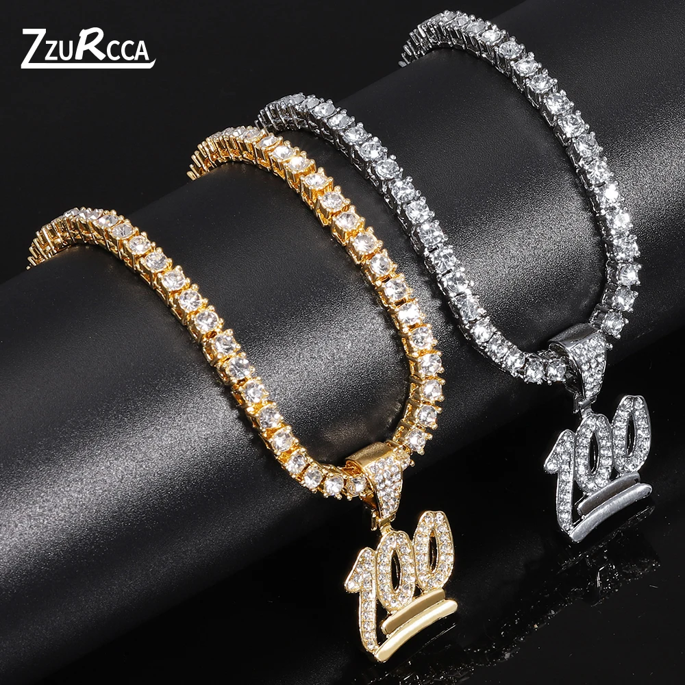 

Iced Out One Hundred Pendant Necklace With Zicron Tennis Chain Iced Out Bling Chain Necklace For Men Rhinestone Cuban Link Chain
