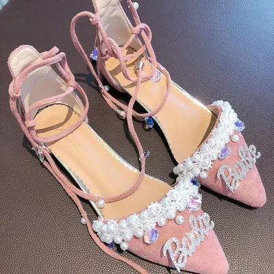 

Summer women's sandals, leather powder, straps, pointed toe flats, Roman shoes