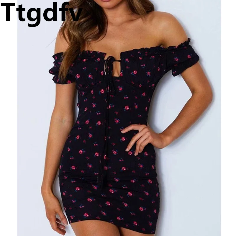 

Women Floral Wrap Dress Off Shoulder Tie Up Front Ruffle Mini Dress Summer Office Lady Slash Neck Printed Pencil Dress