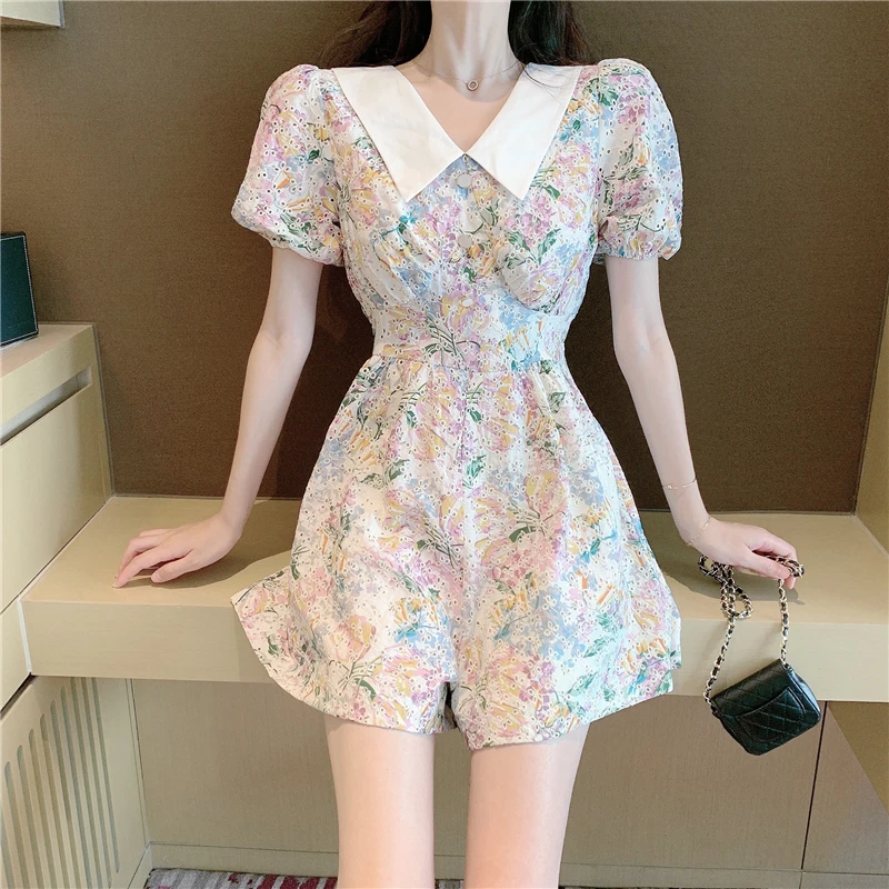 

Women Summer Print Jumpsuit Short Sleeve Beach Rompers Bodycon Slim Bodysuit Wide Leg Overalls Playsuit Clothing