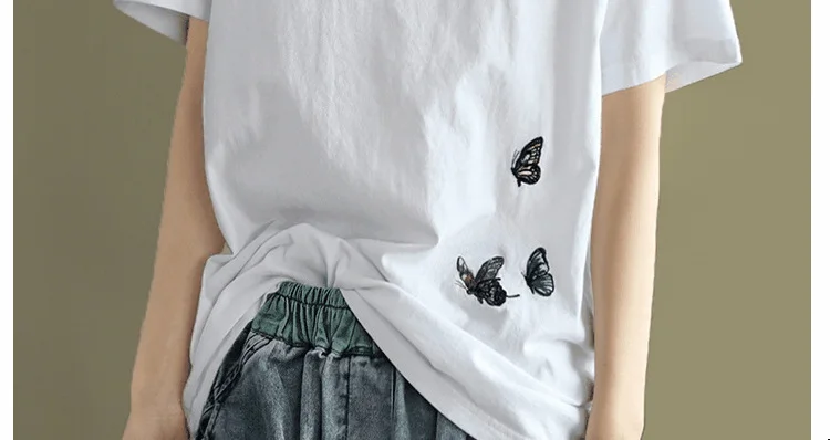 

2021 Summer New Artistic Butterfly Embroidery Women Top Round Neck Short Sleeve Pullover Ladies T-shirt Fashion Simple Tee