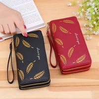 1pc womens double zipper wallet leave print pouch fashion card holder pu leather purse long large capacity clutch money bag