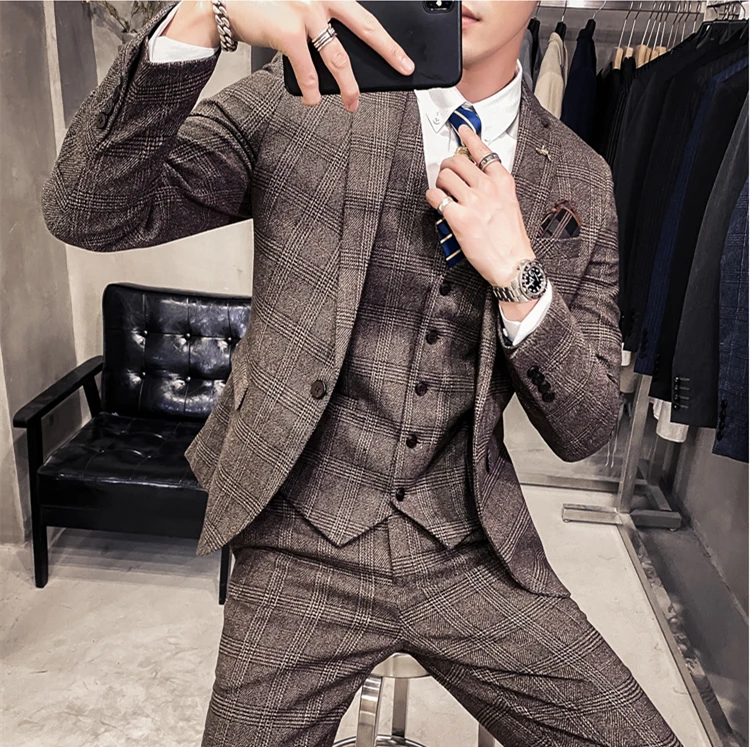 

(Jacket+Vest+Pants) Boutique Fashion New Mens Plaid Casual Business Suit High-end Social Formal Suit 3 Pcs Set Groom Wedding