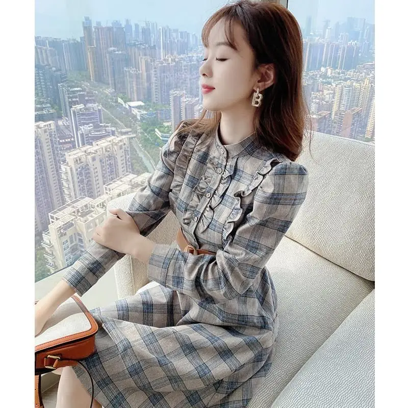 

Women's Spring Autumn Style Dress Women's Button Turtleneck Ruffles Patchwork Long Sleeve Plaids Vintage Dress AA3331