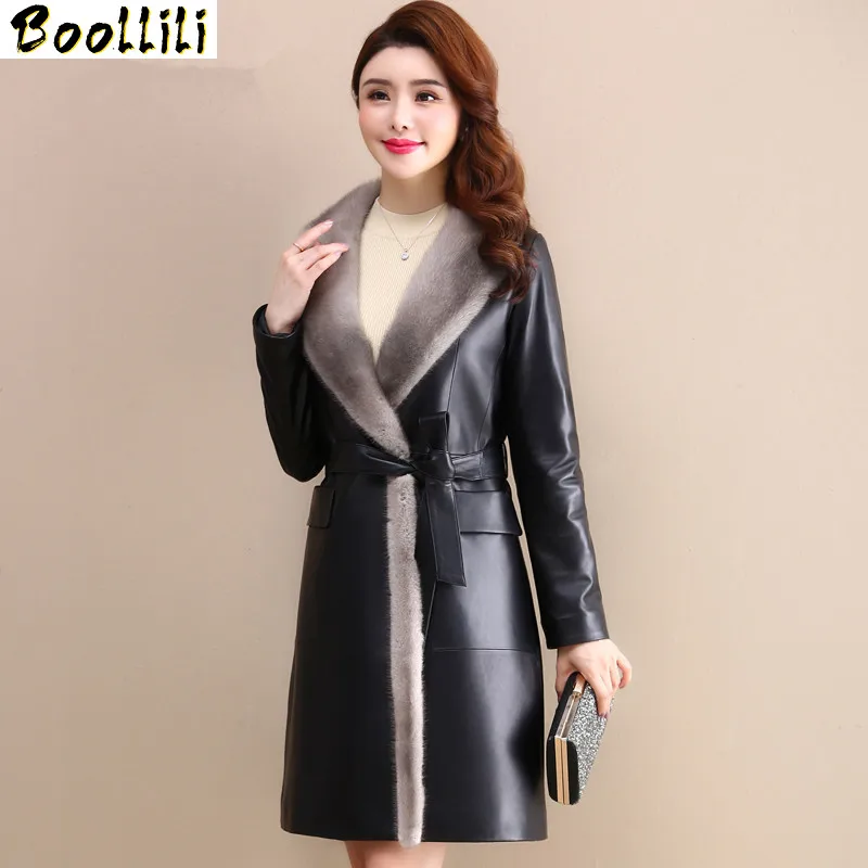 Женская куртка из натуральной кожи Boollili зимняя с норковым меховым воротником