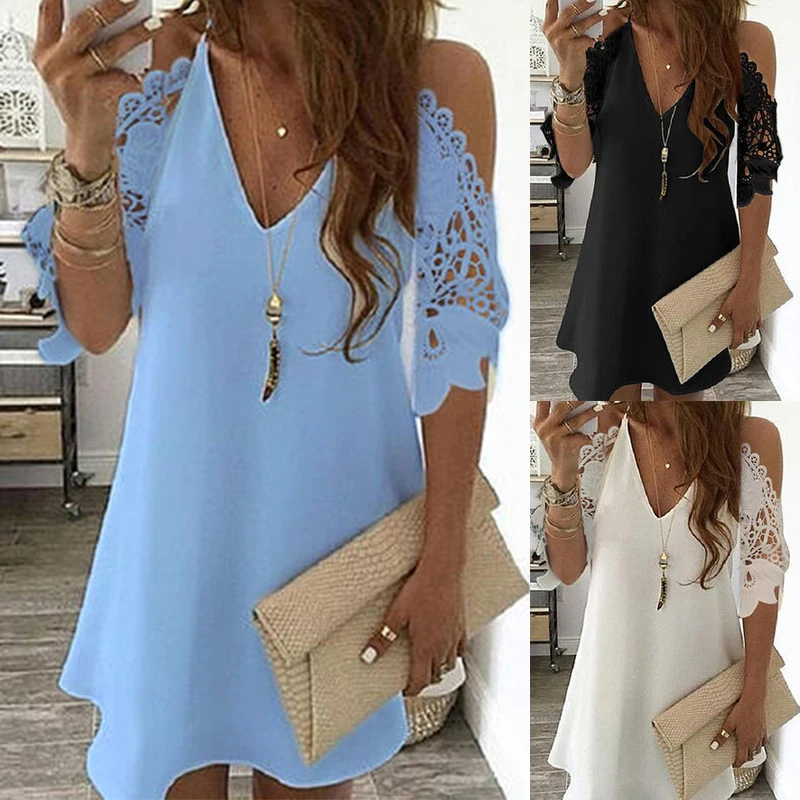 

Robe Femme Vintage Sling Dress Women Summer Lace Solid Color Dress Casual Bohemian Party Dresses Off Shoulder Sundress