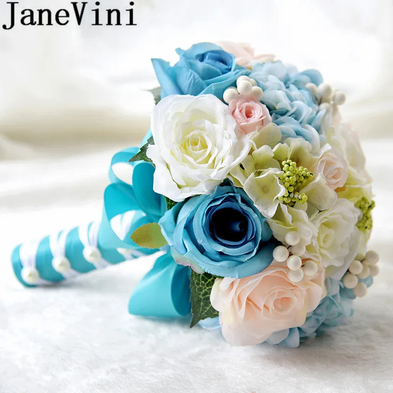 JaneVini Korea Bridesmaid Flower Blue Champagne Purple Rose Ivory Bride Bouquet Artificial Wedding Flowers Bridal Mariee | Свадьбы и