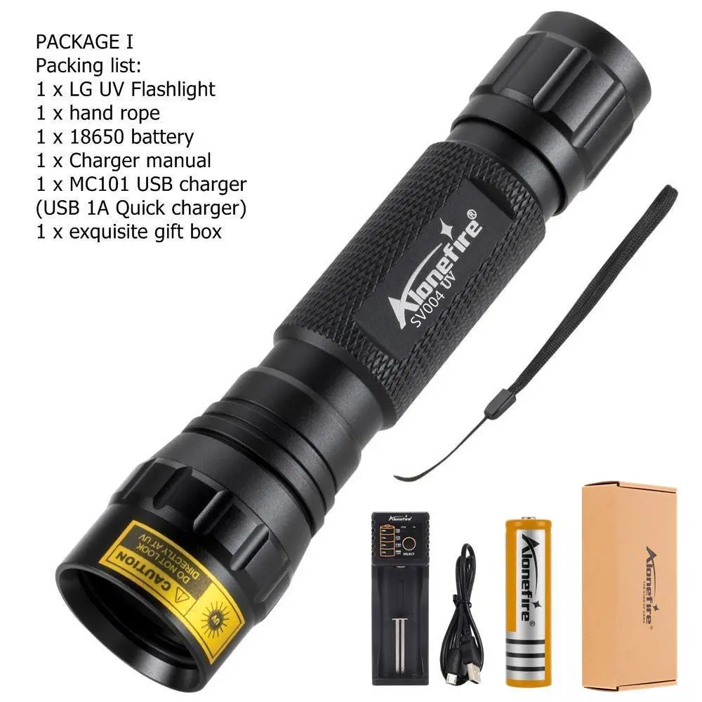 PACKAGE I AloneFire SV004 LG ультрафиолетовый светильник 5 Вт высокой мощности 365nm/395nm УФ-вспышка светильник УФ-черный светильник детектор пятен мочи для домашних животных скорпион - Испускаемый цвет: PACKAGE I