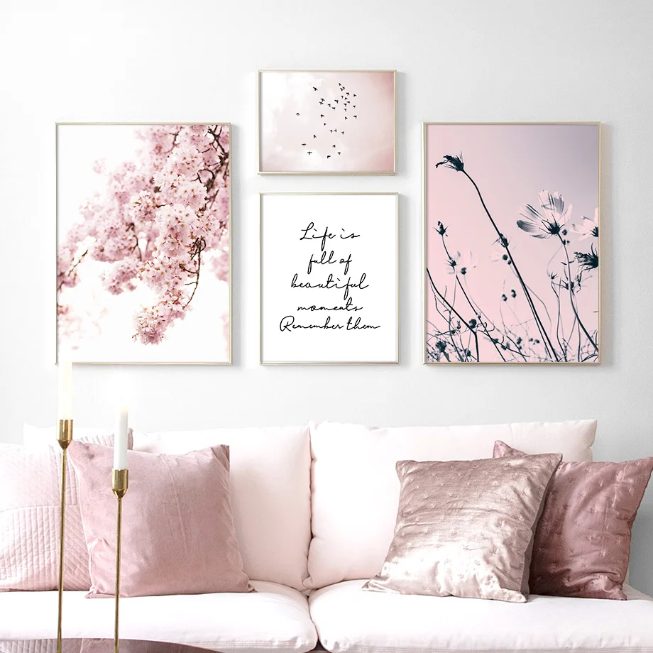 Вишня в цвету цветок небо птица Цитата HD Wall Art Холст Картина Nordic Плакаты и принты