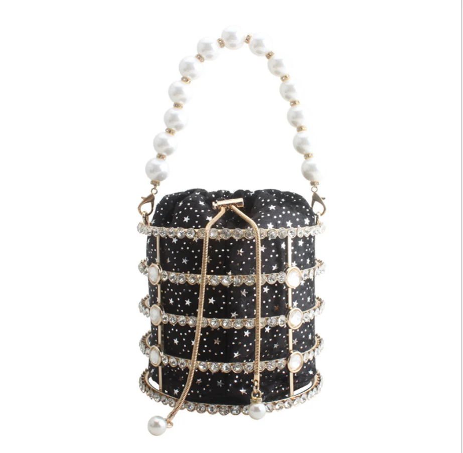 

Girl's Pearl Beaded Evening bag Bucket Clutch Bag Women Luxury Rhinestone Shoulder Bag Party Purse Ladies Diamond Handbags gift