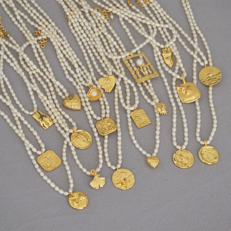 

Original gold color coin pendant freshwater rice grain pearl gentle retro collarbone chain short money chain girl necklace