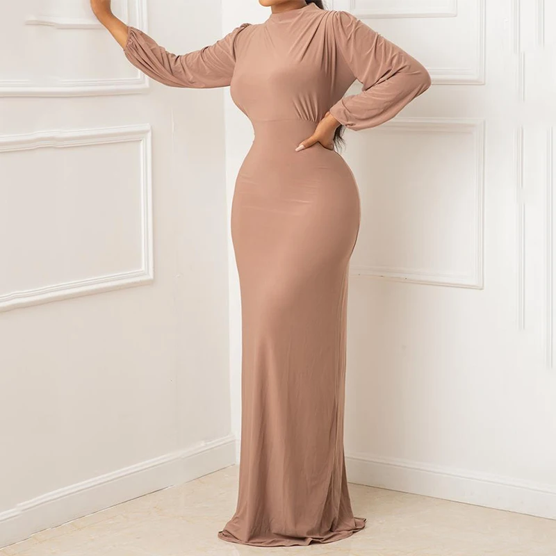 

LIYONG Solid Autumn Women Dress Long Sleeves High Waist Slim Elegant Maxi Long Dresses Office Lady O Neck Street Sexy Maxi Dress