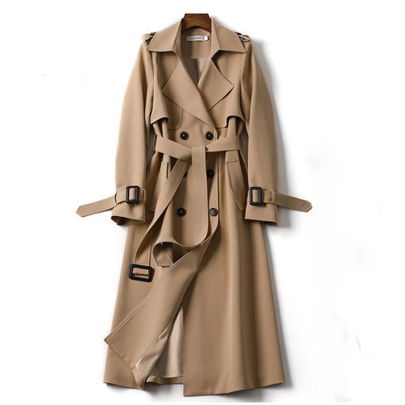 

тренч Новый модный Тренч, женский осенне-зимний двубортный длинный плащ с поясом, Женская ветровка, деловая верхняя одежда