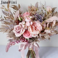 janevini 2020 vintage pink wedding flowers bridal bouquets ramo artificial fake flower roses leaves wedding brooch bride bouquet