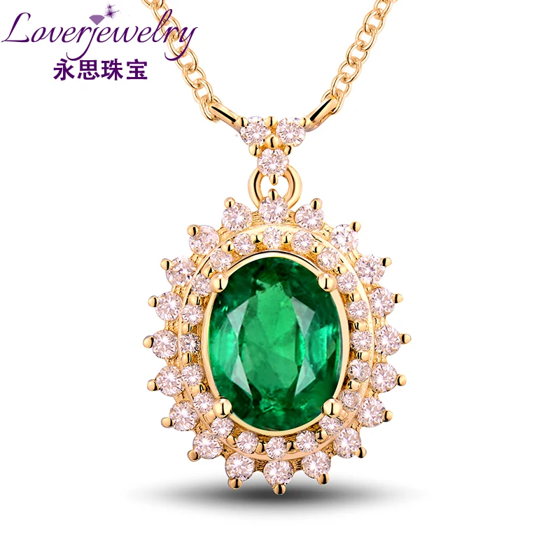 

LOVERJEWELRY Women Emerald Pendants Solid 18Kt Yellow Gold Dianmonds Natural Zambia Emerald Gemstone Charms Necklace Jewellery