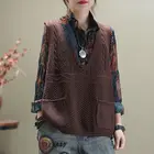 Свободный тонкий свитер, жилет, женский, декоративный полосатый вязаный свитер, пуловер, весна без рукавов с карманами и v-образным вырезом