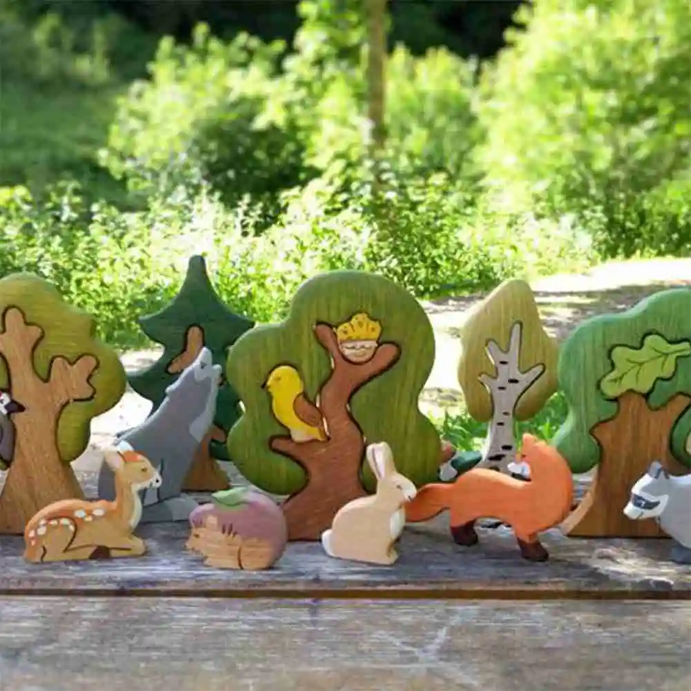 

Wooden Cartoon Animal Cute Toys Trees Funny Woodland Kindergarten Figurines Miniatures Crafts Nature Table Ornament Decor