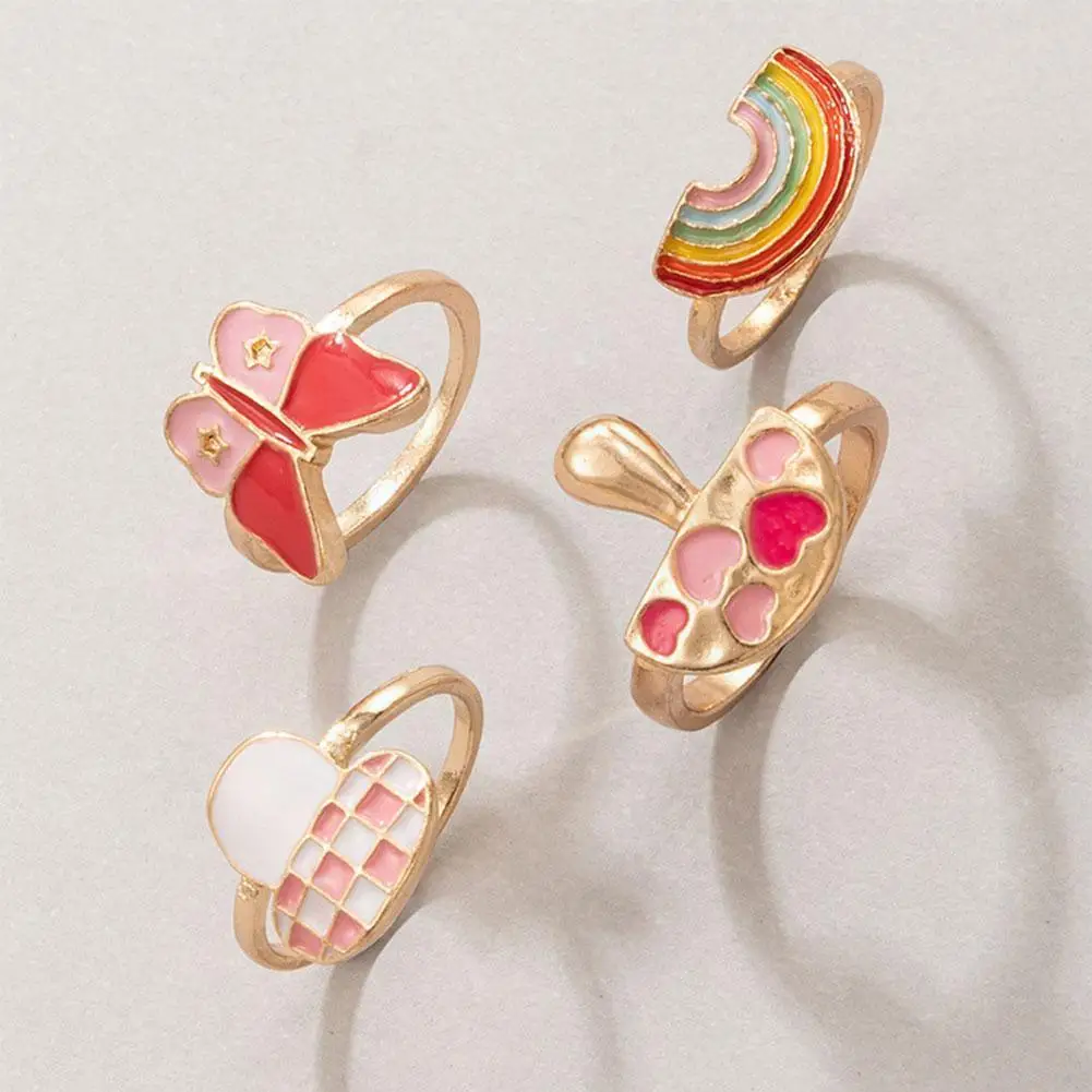 

4 Pcs/set Retro Color Dripping Oil Alloy Rings Cute Gift Accessories Girls Ring Jewelry Moon Set Mushroom Enamel E1e1