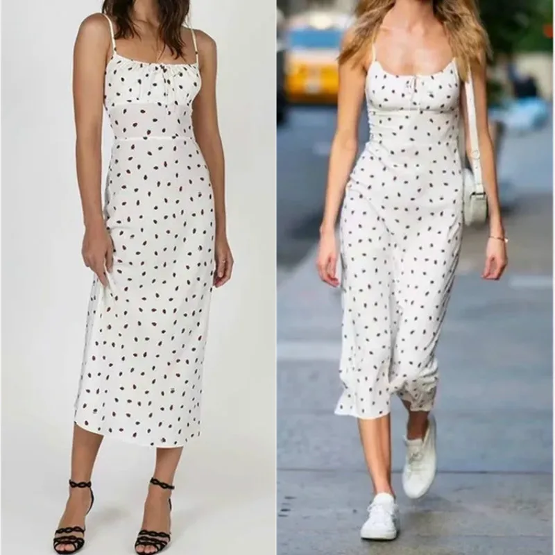 

2021 Woman Sexy Summer Dress French Strawberry Print Suspender Dress White with Drawstring Spaghetti Strap High Waist Sleeveless