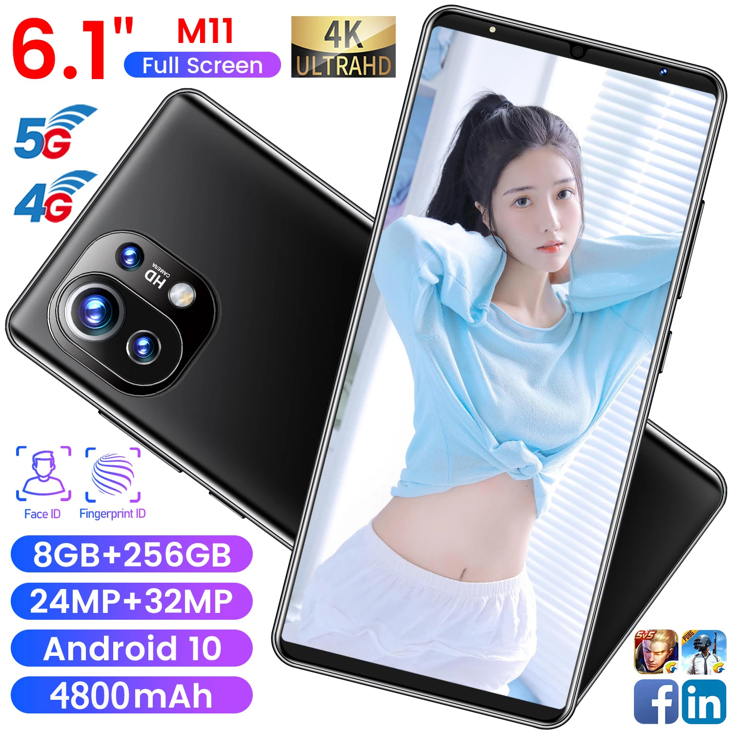 

M11 Smartphone Android Celular 8GB 256GB SmartPhone Unlocked 4800mAh 6.1" Screen 24MP+32MP Camera 5G Mobile Phone Global Version