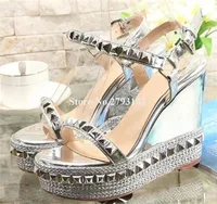 Brand Design Women Fashion Open Toe Rivet Wedge Sandals Silver Black Gold High Platform Wedges Formal Dress Heels Shoes