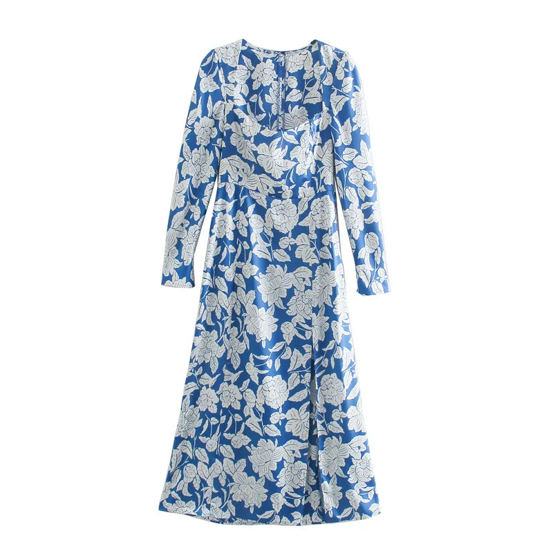 

Women's Spring/Summer 2021 New High-waisted, Square Neck, Pleated Print, Long-sleeved, Mid-length A-line Dress