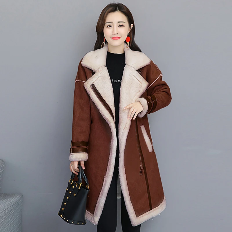 2019 Winter New Style Lamb Fur one Coat women Mid-length Motorcycle Warm Jacket Deerskin Plus size Thicken Female Overcoat 3XL | Женская